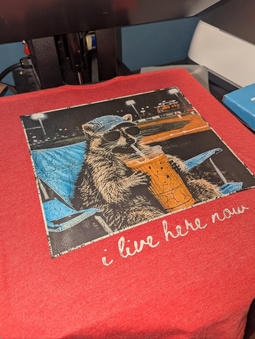 Red Graphic T-Shirt with Sunglasses Raccoon and Drink, Baseball Mom Tank